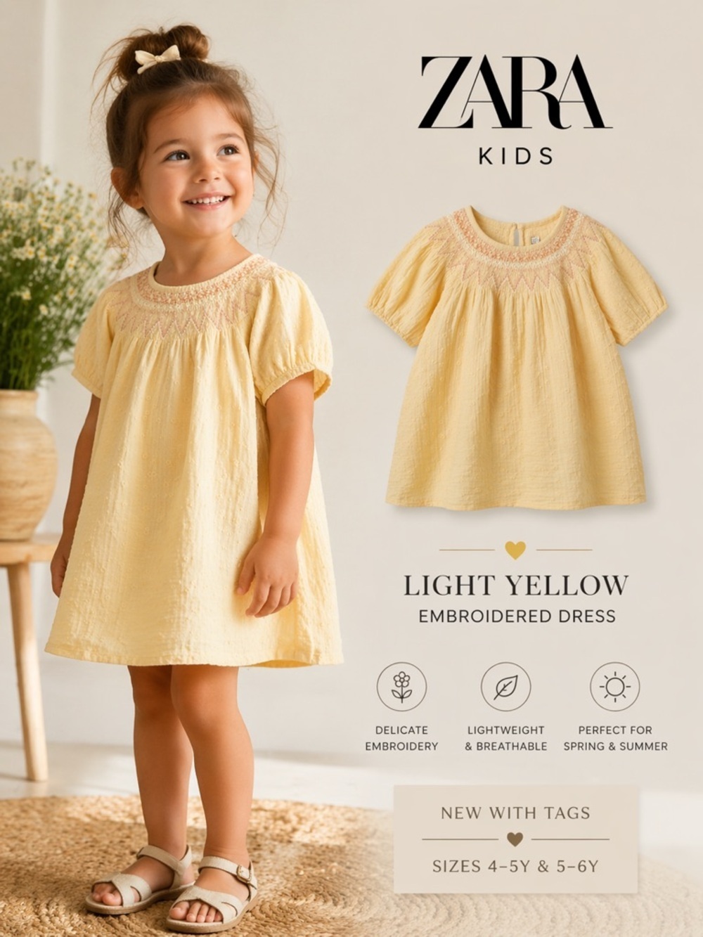 ZARA Kids Light Yellow Embroidered Smock Dress NWT Toddler Girl
